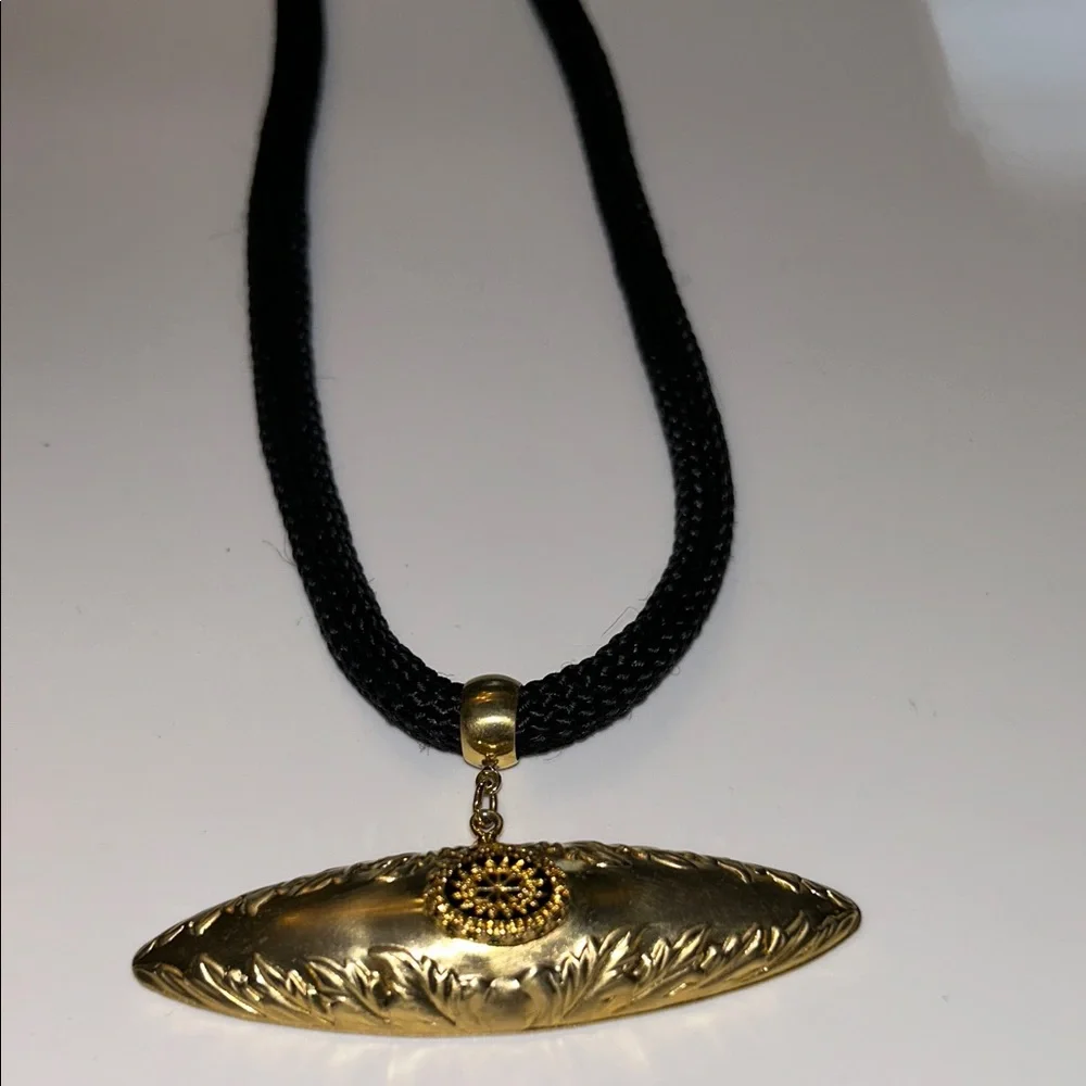 Gold Tone Geometric Engraved Pendant on Black Cord  Necklace‎ 36 Inch